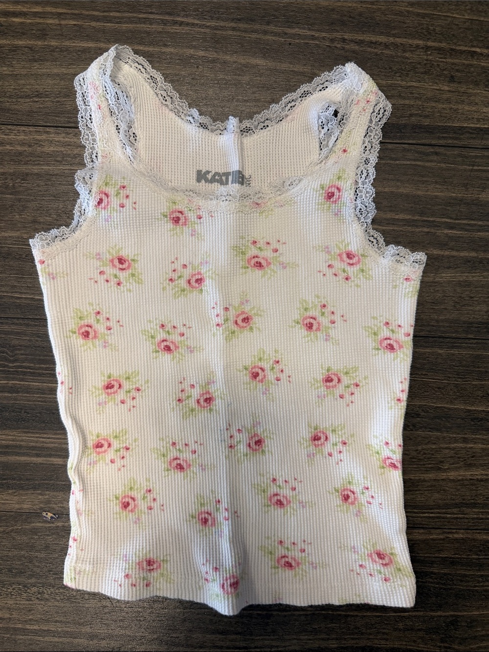 Katie J NYC White Tank Top with Pink Rose Print